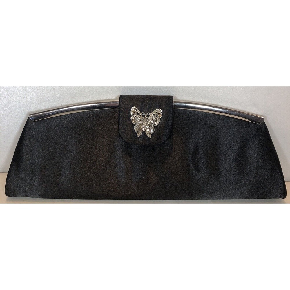 TOVA Beverly Hills Bling Rhinestone Butterfly Black Clutch Satin Evening Purse